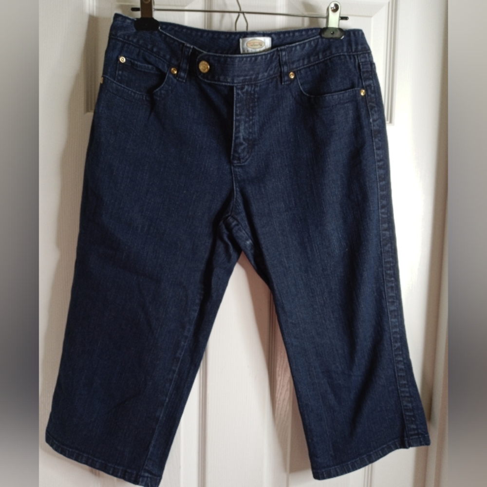 Talbots Petites Stretch Dark Wash Blue Denim Capri Peddle Pusher Jorts Size 10